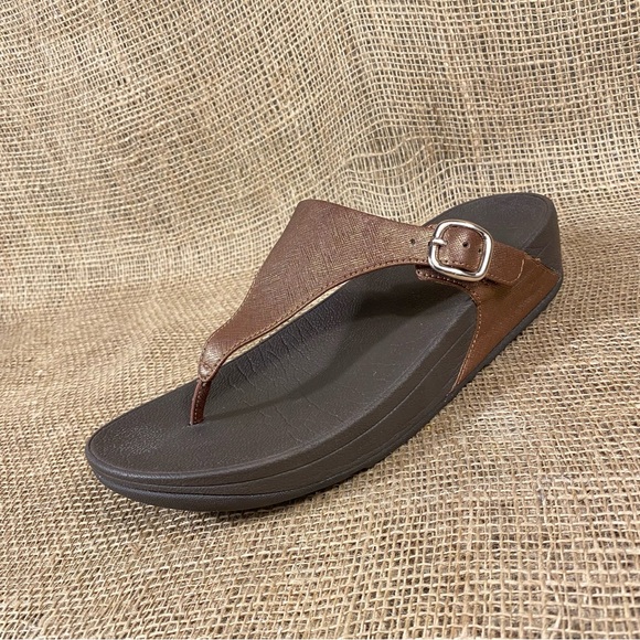FITFLOP Sandal Wedge Thong Slip On Buckle Metallic Bronze Size 8 - Picture 2 of 11